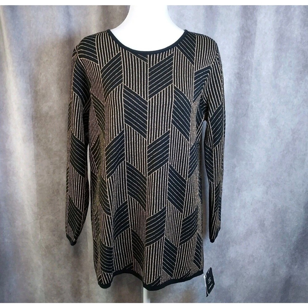 VTG Liz Claiborne Collection Petite S Black Gold Metallic Chevron Tunic Sweater